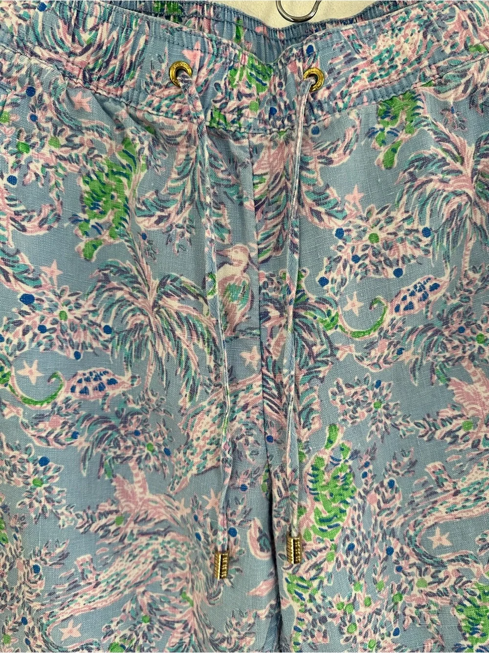 Lilly Pulitzer Taron Pants Women’s Large 100% Linen Blue Tropical Beach Print